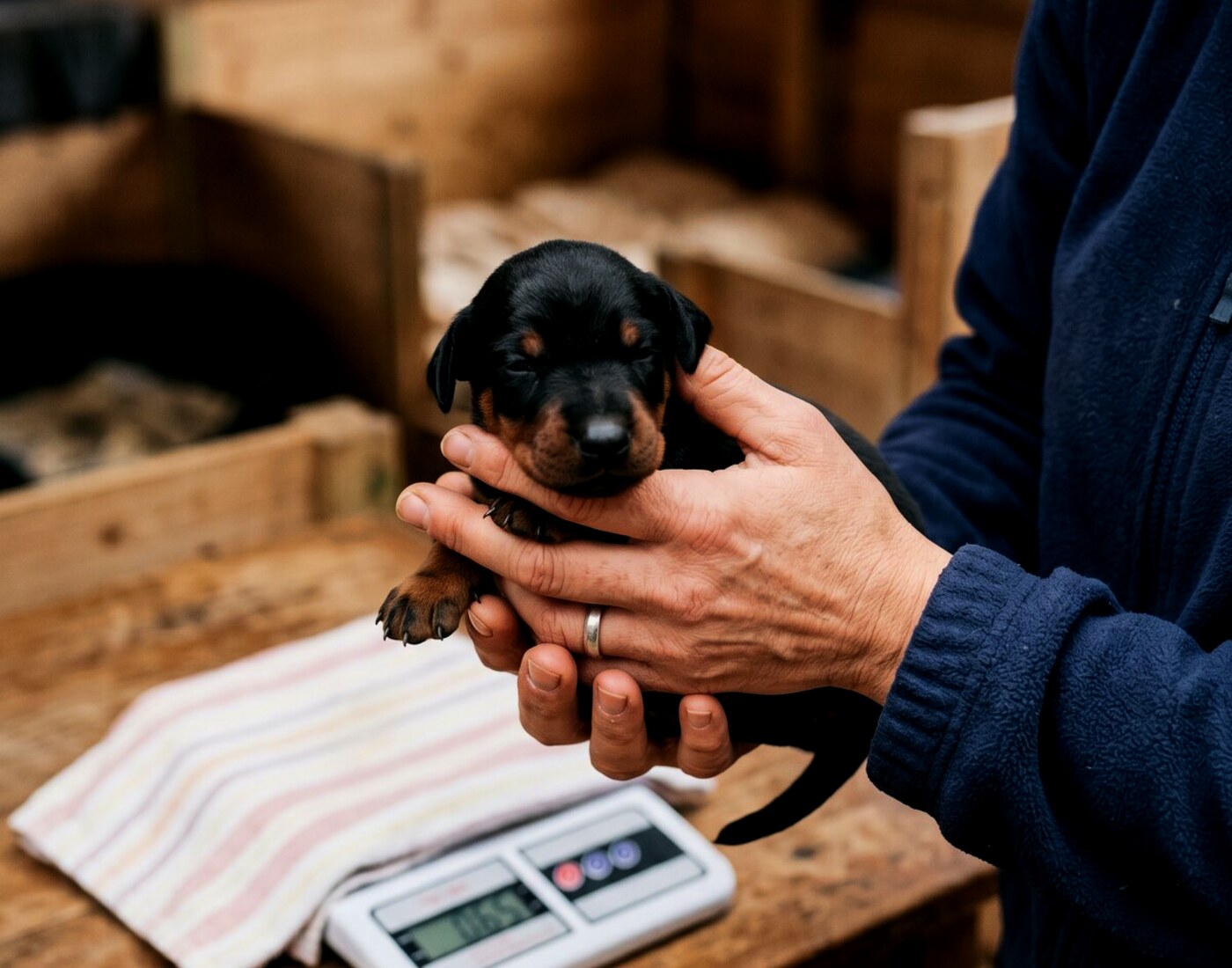 Pesée et manipulation d’un chiot Dobermann dans la nurserie du domaine