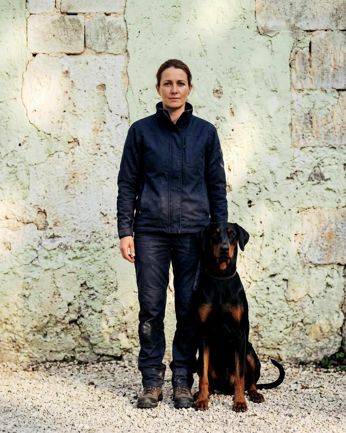 Éleveuse du Domaine de Veyrac avec une Dobermann naturelle devant la bâtisse