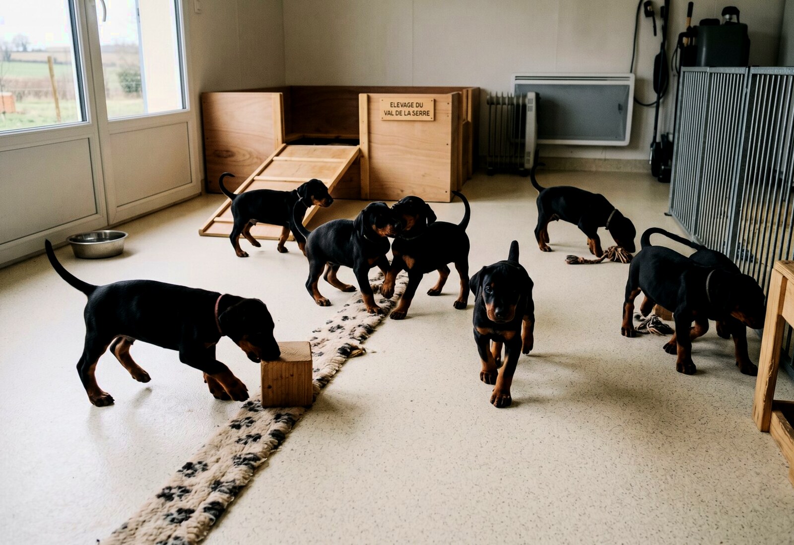 Portée de chiots Dobermann en éveil dans la nurserie du domaine