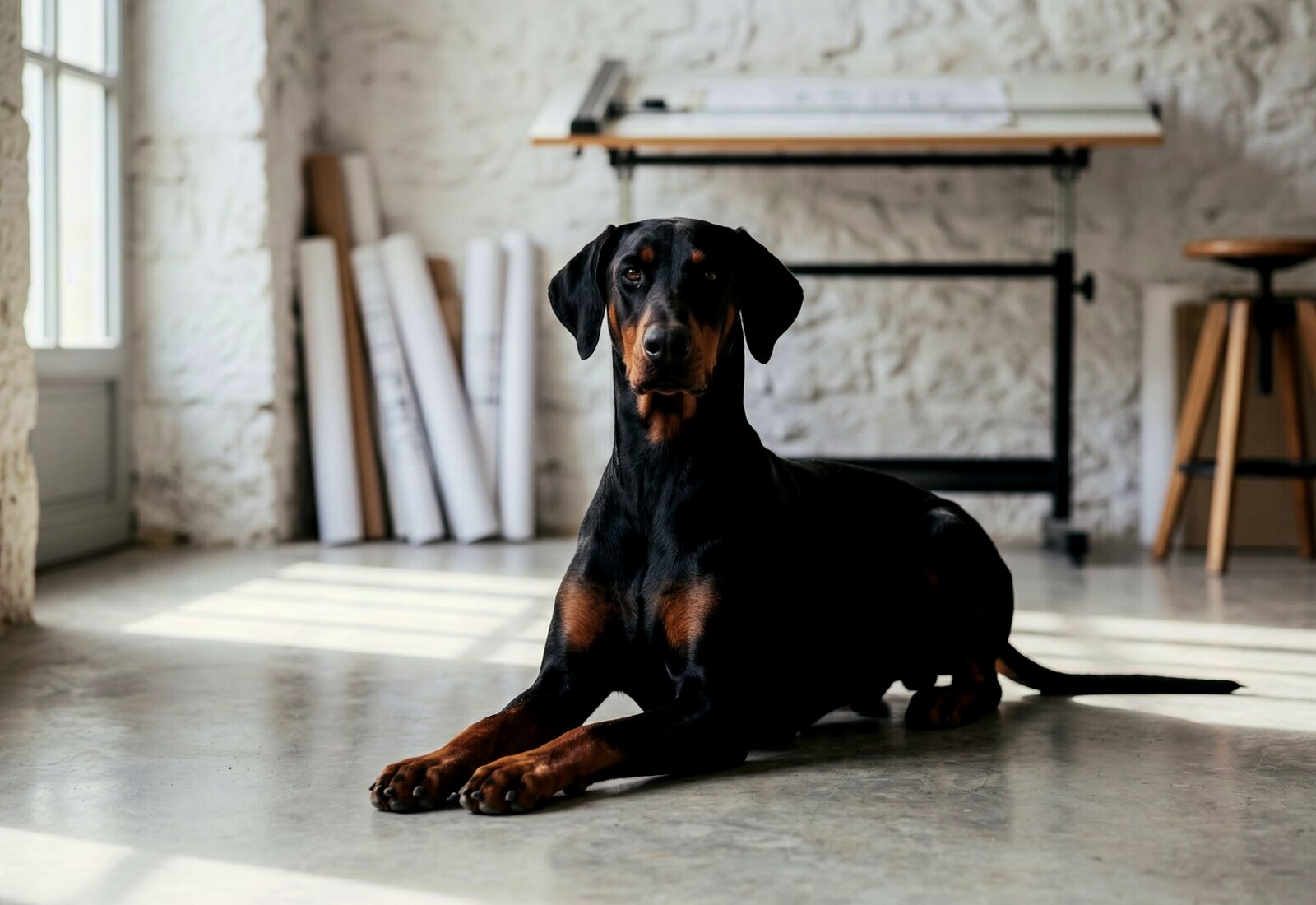 Lecture des documents de suivi cardiaque, un Dobermann aux oreilles naturelles à l’atelier